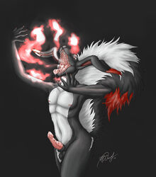 1boy 2010 anthro bunk countershading fire forceswerwolf fur furry hybrid knot lagomorph magic male male_only mawshot penis pin_up rabbit skunk skunkhase solo text tongue watermark