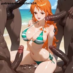 1girls ai_generated brown_eyes gangbang many_on_one nami nami_(one_piece) one_piece orange_hair sex