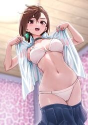 armpit_peek ayase_momo bare_arms bare_belly belly_button blush bra breasts brown_hair choker cleavage collarbone dandadan earrings indoors medium_breasts medium_hair open_mouth panties red_eyes removing_shirt royboy shiny_skin skirt skirt_down sweatdrop thighs underwear undressing white_bra white_panties