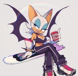 1girls animal_ears animal_nose bare_shoulders bat_ears bat_girl bat_tail bat_wings black_shoes blue_eyeshadow bra bracelet breasts can commentary crossed_legs drink_can english_commentary eyelashes eyeshadow fangs female furry furry_female gloves gold_bracelet green_eyes half-closed_eyes hand_up holding holding_can hoverboard jewelry large_breasts looking_to_the_side makeup motobug_(artist) multicolored_shoes not_porn oerba_yun_fang open_mouth pants pink_shoes purple_bra purple_pants rouge_the_bat rouge_the_bat_(riders) sfw shoes simple_background sitting smile sneakers soda_can solo sonic_(series) sonic_riders sonic_riders_(series) sports_bra sweat tail teeth tongue underwear white_background white_fur white_gloves white_shoes wings