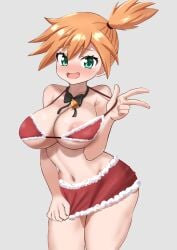 asymmetrical_hair bare_shoulders bell bikini blush bow bowtie breasts christmas cleavage creatures_(company) female female_focus fur-trimmed_skirt fur_trim game_freak green_eyes highres huge_breasts kasumi_(pokemon) large_breasts looking_at_viewer miniskirt navel nintendo nipples open_mouth orange_hair pokemon pokemon_(anime) pokemon_(classic_anime) pokemon_rgby ponytail red_bikini red_skirt runate short_hair side_ponytail skirt smile solo standing suspenders swimsuit thick_thighs thighs w