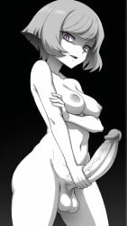 1futa ai_generated big_penis courtney_(pokemon) futanari looking_at_viewer medium_breasts monochrome pokemon purple_eyes