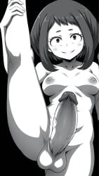 1futa ai_generated big_breasts big_penis brown_eyes futanari looking_at_viewer monochrome my_hero_academia ochako_uraraka standing_split