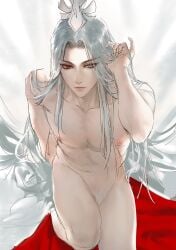 1boy arena_of_valor east_asian_mythology forehead_mark fully_nude headgear heterochromia honor_of_kings king_of_glory long_hair_male ming_shiyin pale-skinned_male pubic_hair twink white_hair