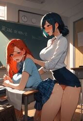 2futas age_difference ai_generated big_breasts blue_hair classroom desk futa_on_futa futa_with_futa futanari long_hair orange_hair school_uniform teacher teacher_and_student