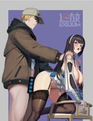 1boy 1girls absurd_res areolae artist_request ass bare_shoulders baseball_cap black_hair blush bottomless breasts breasts_out brown_jacket cap censor_bar censored chair chinese_clothes copyright_name dress fingerless_gloves garter_straps girls'_frontline girls'_frontline_2:_exilium grabbing grabbing_from_behind halterneck hand_on_another's_shoulder headband id_card large_breasts long_hair looking_at_viewer nipples no_panties open_mouth pleasure_face raymond_(girls'_frontline_2) sex sidelocks simple_background straight thighhighs tongue type_95_(girls'_frontline) white_dress white_gloves white_shirt yellow_eyes