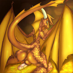 1boy anus ass balls dragon hoard horns male male_only money nude penis peritian scalie solo tail teeth