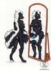 2008 anthro ass black blue_eyes breasts brush brushing chest_tuft digitigrade female hair kacey looking_at_viewer mirror nipples nude pepper pussy reflection skunk solo standing tail white_background white_fur white_hair