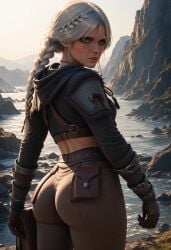 ai_generated ass back_view big_ass braid bubble_butt cd_projekt_red ciri clothing female light-skinned_female looking_at_viewer looking_back mascara nmackelie scar solo the_witcher_(series) the_witcher_4 white_hair