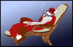 1boy anthro asher bushy_tail canine cigarette collar fox fur furry long_tail looking_at_viewer lounger maim male male_only nipples paws penis purple_eyes smoke smoking solo tail twitchincat