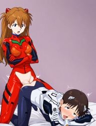 1boy 1futa ahe_gao ai_generated anal anal_sex arms_crossed ass_cutout asuka_langley_sohryu bodysuit bulge bulge_through_clothing cutout doggy_style embarrassed erection erection_under_clothes femdom futa_on_male futadom futanari male neon_genesis_evangelion penis_cutout plugsuit precum red_bodysuit sex_from_behind shinji_ikari tsundere white_bodysuit