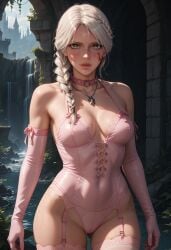 ai_generated braid breasts cd_projekt_red ciri dog_collar female garter_belt garter_straps gloves light-skinned_female lingerie looking_at_viewer mascara nmackelie pink_lingerie scar solo stockings the_witcher_(series) the_witcher_4 white_hair