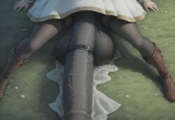 ai_generated belt civitai cock cock_ring frieren frieren_beyond_journey's_end futanari hi_res highres huge_balls huge_cock hyper_penis long_penis massive_penis out_of_frame pantyhose penis_focus sitting_on_person sousou_no_frieren