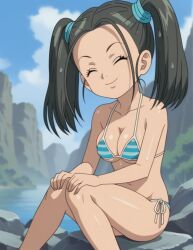 ai_generated black_hair blue_dragon bouquet_(blue_dragon) civitai cleavage closed_eyes large_breasts micro_bikini smile twintails wet