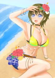 akashi_maho beach big_breasts bikini breasts d4dj flower flower_in_hair jewelry k○oki ocean outdoors sand swimsuit water