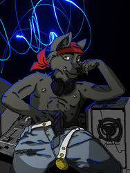 1boy anthro bandana black_nose black_penis canine dewo dj erection fur furry green_eyes headphones jeans looking_at_viewer lupine_assassin male male_only penis solo wolf