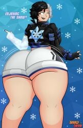 1girls ass ass_focus big_ass black_hair brown_hair clapping_ass clapping_cheeks clothing from_behind huge_ass jacket lipstick looking_back luna_snow luna_snow_(marvel_rivals) marvel marvel_comics marvel_rivals orangecherri short_hair shorts snow snowflake superheroine thick thick_ass thick_thighs twerking white_hair wink