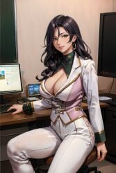 ai_generated amamiya_tsubaki big_breasts black_hair busty civitai cleavage god_eater mature_female sexy thick_thighs white_suit