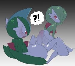 !? 1boy arm_support ass blue_hair blush bob_cut buttjob censored colored_skin commentary constricted_pupils english_commentary erection female gallade gardevoir gradient_background green_hair green_skin grey_background hair_over_one_eye highres imminent_penetration kneeling knees_up leaning_forward looking_at_another looking_at_penis looking_back looking_down lying mohawk mosaic_censoring multicolored_hair multicolored_skin nervous no_feet on_back one_eye_covered open_mouth penis pokemon pokemon_(creature) red_eyes rosebud_(pixiv_111107417) short_hair simple_background speech_bubble spoken_interrobang spread_legs straight surprised sweat two-tone_hair two-tone_skin white_skin wide-eyed