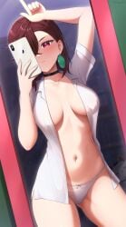 arm_up ayase_momo bare_belly bare_legs bare_thighs belly_button blush bow_panties breasts brown_hair choker cleavage closed_mouth dandadan earrings hair_over_one_eye indoors medium_breasts medium_hair mirror mirror_selfie no_bra no_pants open_shirt panties pink_eyes selfie thighs underwear white_panties yisusjpl