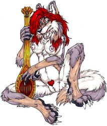 anthro breasts canine claws digitigrade female fenrir_lunaris fur furry heart looking_at_viewer lute nipples pubic_hair pussy red_hair solo wolf