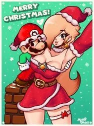 1boy belt belt_buckle big_breasts blonde_hair breasts christmas couple ear_piercing facial_hair female gloves hat heart highres kiss_mark lipstick lipstick_mark lipstick_marks long_hair looking_at_viewer male mario mario_(series) marodraws moustache nintendo overalls piercing princess_rosalina red_hat red_overalls romantic_couple shoes size_difference snow standing stars tagme