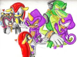 4boys blush chameleon chaotix charmy_bee crocodile espio_the_chameleon fur knuckles'_chaotix male male/male male_only masturbation mighty_the_armadillo mobian multiple_males open_mouth oral penis reptile scalie sega sex sonic_(series) team_chaotix vector_the_crocodile yaoi