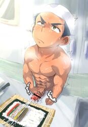 1boy abs biceps big_head black_hair blush blwhmusic_(tsukikiba_ron) censor_bar censored censored_penis chef chef_hat collarbone completely_nude cooking cum cum_on_floor cum_on_food cum_on_penis cum_string cum_trail cumshot disproportional ejaculation erect_nipples exhausted food_play food_porn foreshortening frown gay green_eyes hat hat_only hi_res holding_penis jerking kitchen kitchen_counter kitchen_knife kitchen_utensils looking_up male male_only masturbation mature_male muscles muscular muscular_arms muscular_male navel orgasm original original_character pecs penis_on_table precum precum_drip rice semen short_hair simple_background six_pack solo steam steamy_breath sushi sweat sweatdrop sweating sweaty thick_cum tired tired_eyes trembling v-shaped_eyebrows white_hat yaoi young