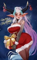 1girls absurd_res aqua_hair big_breasts black_arms blush christmas christmas_present english_text female female_only green_eyes horns long_ears long_horns looking_at_viewer maewix1 merry_christmas pink_hair pointy_ears ponytail red_lipstick santa_costume smiling smiling_at_viewer solo text three_tone_hair very_long_hair wide_hips