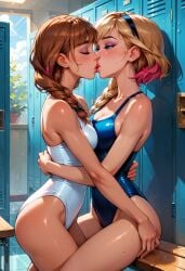 2girls absurdres ai_art ai_generated anna_(frozen) arms_around_partner arms_around_waist bench blue_eyes blush braid braided_ponytail breast_press breast_to_breast brown_hair cleavage closed_eyes clothed_female clothes crossover cuddling day disney door earrings french_kiss frozen_(film) frozen_2 grabbing grabbing_another's_ass gwen_stacy half-closed_eyes hand_on_another's_back highres hug hugging indoors kissing large_breasts lips locker_room long_hair looking_at_another maddie_roberts marvel medium_breasts multiple_girls open_door pink_hair ponytail queen sitting sitting_on_bench sony_pictures_animation spider-man:_across_the_spider-verse spider-man:_into_the_spider-verse standing sunlight superheroine swimsuit two_tone_hair wardrobe wet wet_body yuri