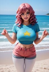 ai ai_generated big_breasts blue_eyes clothing cyan_shirt fortnite fortnite:_battle_royale leggings lipstick pink_hair pink_lipstick pink_shorts shorts skye_(fortnite) smile t-shirt undercover_skye_(fortnite) white_leggings