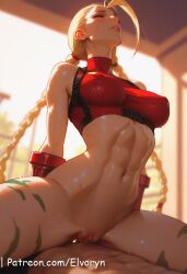 1boy 1girls abs ai_generated alternate_version_at_source ass big_ass big_breast blonde_hair bottomless braid braided_hair braided_twintails breasts cammy_white capcom cowgirl_position cum cum_inside elvoryn erection eyes_close female female_on_top hair_grab long_hair male penetration penis pussy riding sex sports_bra street_fighter twintails
