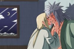 1boy 1girls against_wall blonde_hair blush couple facial_hair gonggae_1111 highres imminent_kiss implied_sex jiraiya looking_at_another mature_female mature_male naruto naruto_(series) naruto_shippuden night night_sky sky tsunade white_hair