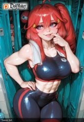 2girls ahoge ai_generated artist_name ass blue_eyes blush breasts cellphone collarbone dollmaker dollmaker_(artist) female hair_ornament hand_on_hip large_breasts locker locker_room long_hair looking_at_viewer midriff multiple_girls nakano_itsuki navel patreon_logo patreon_username phone red_hair saint_quartz_(fate) smartphone smile solo sports_bra star_(symbol) star_earrings star_hair_ornament star_print starfish symbol-shaped_pupils tagme thick_thighs watermark web_address