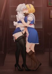 2futas alice_margatroid ball ballsack big_penis blonde_female blonde_hair boner boots breast_press breasts clothed clothing erect_penis erection erection_under_clothes erection_under_dress erection_under_skirt french_kiss frottage fully_clothed futa_on_futa futa_only futanari heels high_heels kissing light-skinned_futanari light_skin lolita_fashion maid maid_headdress maid_uniform outche sakuya_izayoi thick_thighs thighhighs touhou uncensored white_hair