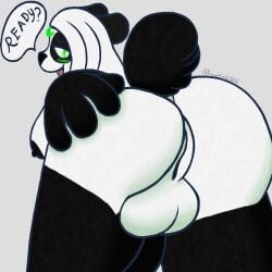 1:1 anthro asking ass balls bear black_body black_fur black_nose blush breasts digital_media_(artwork) english_text erection fur fur_markings genitals giant_panda green_eyes hair hand_on_butt herm intersex looking_at_viewer looking_back looking_back_at_viewer lunarpanda8686 mammal markings mika_(lunarpanda8686) nipples nude penis pussy question round_ears simple_background slightly_chubby smile solo speech_bubble tail text white_body white_fur white_hair