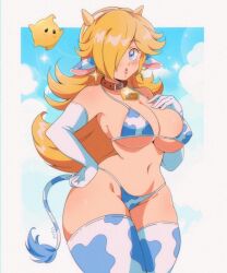 1girls animal_ears animal_print bell bikini blonde_hair blue_bikini blue_eyes blue_sky blue_thighhighs blush border breasts cleavage collar commentary cow_ears cow_girl cow_print cow_print_bikini cow_print_thighhighs cow_tail cowboy_shot earrings elbow_gloves gloves hair_over_one_eye hand_on_own_chest hand_on_own_hip highres horns jewelry large_breasts long_hair luma mario_(series) navel neck_bell nintendo one_eye_closed outside_border parted_lips princess_rosalina print_bikini print_thighhighs red_collar side-tie_bikini_bottom sky solo standing stomach swimsuit tail thighhighs vizaz white_border white_gloves