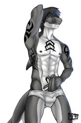 1boy 2010 akythetigershark black_hair blue_eyes briefs erection glans hair holydust male male_only marine markings muscles nipples penis plantigrade pose shark solo standing tail teeth underwear white_underwear