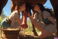 2girls ai_generated animal animal_genitalia animal_penis balls beastbride belt black_hair blue_sky blush braid brown_hair bucket closed_eyes clothed_female_nude_male clothing cock_worship cooperative_fellatio creature cum cum_in_bucket cum_in_container day dress ejaculation equid equine equine_genitalia equine_penis erection farm farmgirl fellatio female ffm_threesome flared_penis gokkun grabbing_penis grass gripping_cock group_sex horse horse_balls horse_cum horse_penis horsecock huge_cock huge_testicles interspecies kissing kissing_penis kneeling licking long_hair male medial_ring milking_cum milking_handjob milking_penis multiple_girls on_one_knee open_eyes oral outdoors penis penis_worship shirt short_sleeves sky squatting straight testicles threesome veins veins_on_dick veiny_penis wooden_bucket zoophilia