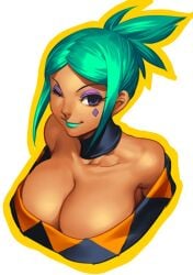 ai_generated big_breasts breast_focus cerebella cleavage close-up collarbone down_blouse green_hair huge_breasts makeup massive_breasts revealing_clothes short_hair shoulders skullgirls strap_gap tease tied_hair wink