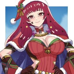 alluring big_breasts blue_cape bodysuit cape christmas cleavage facial_mark female fire_emblem fire_emblem_engage fire_emblem_heroes hair_ornament hat highres ihsnet large_breasts multicolored_cape multicolored_clothes nintendo official_alternate_costume red_bodysuit red_cape santa_hat smile solo star_(symbol) star_facial_mark star_hair_ornament star_print yunaka_(fire_emblem) yunaka_(fire_emblem)_(spirited_envoy)