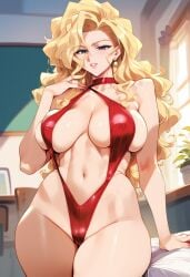 2d ai_generated big_breasts blonde_hair female female_focus female_only golden_boy indoors long_hair madame_president sling_bikini solo solo_female solo_focus swimsuit tagme