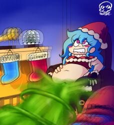 1girls 2d_(artwork) artist_signature background biting_lip biting_own_lip bloated bloated_belly bloated_stomach breasts christmas chubby fart fart_cloud fart_everywhere fart_fetish farting farts fat female female_only friday_night_funkin friday_night_funkin_mod gassy gassy_female hamb0ne hand_on_stomach heart-shaped_pupils hyper_fart hyper_farting santa_costume sitting sitting_on_chair skyblue skyblue_(friday_night_funkin) skyverse text