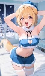 1girls ahoge ai_generated armpits arms_behind_head blonde_hair contact_lens dog_ears dog_girl dog_tail indie_virtual_youtuber klaire_fluffle santa_costume santa_girl santa_hat sexy_santa tagme video vtuber wagging_tail