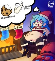 1girls 2d_(artwork) artist_signature background bloated bloated_belly bloated_stomach breasts christmas chubby exhaling fat female female_only food friday_night_funkin friday_night_funkin_mod hamb0ne hand_on_stomach heart-shaped_pupils santa_costume sitting sitting_on_chair skyblue skyblue_(friday_night_funkin) skyverse text