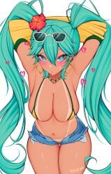 arkevil artist_name big_breasts bikini blue_eyes blue_hair blush brazilian brazilian_miku earrings hands_behind_head hatsune_miku heart heart-shaped_pupils micro_bikini necklace shirt_lift sunglasses_on_head tagme tan_body tanlines thick_thighs