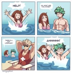 1girls 2boys attractive bakugou_katsuki beach bikini_top boku_no_hero_academia dialogue english_text female funny green_hair horny humor in_water izuku_midoriya katsuki_bakugou lifeguard male midoriya_izuku muscular muscular_male my_hero_academia ochako_uraraka pretending seaside shirtless shirtless_male speech_bubble spiky_hair summer sunglasses swimsuit uraraka_ochako water