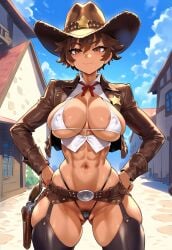 abs ai_generated big_breasts bikini brown_eyes brown_hair cameltoe covered_nipples cowboy_hat cowboy_western garter_straps hand_on_hip highleg_panties holster holstered_weapon huge_breasts jagat_ai leather_clothing leather_jacket looking_at_viewer micro_bikini original original_character pubic_hair pubic_hair_peek revealing_clothes revolver sheriff sheriff_badge short_hair smile solo solo_female standing thighhighs thighs tomboy toned toned_female wide_hips