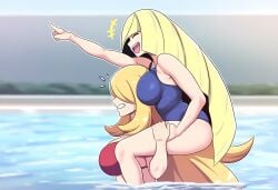 2girls ai_generated alternate_breast_size big_breasts bikini blonde_female blonde_hair blonde_hair blonde_hair_female carrying carrying_partner cynthia_(pokemon) duo female/female huge_breasts large_breasts lusamine_(pokemon) mature mature_female milf mullon novelai piggyback pokemon pokemon_dppt pokemon_sm pool swimsuit thick_thighs voluptuous voluptuous_female