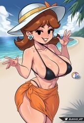 1girls absurdres alternate_costume artist_name ball beach beachball bikini black_bikini black_eyes blannis blue_sky breasts brown_hair cloud day earrings flower_earrings grin hat highres jewelry large_breasts looking_at_viewer mario_(series) navel nintendo ocean orange_sarong outdoors palm_tree paper_mario princess_daisy sand sarong sky smile solid_eyes solo standing swimsuit tree twitter_logo twitter_username water white_hat